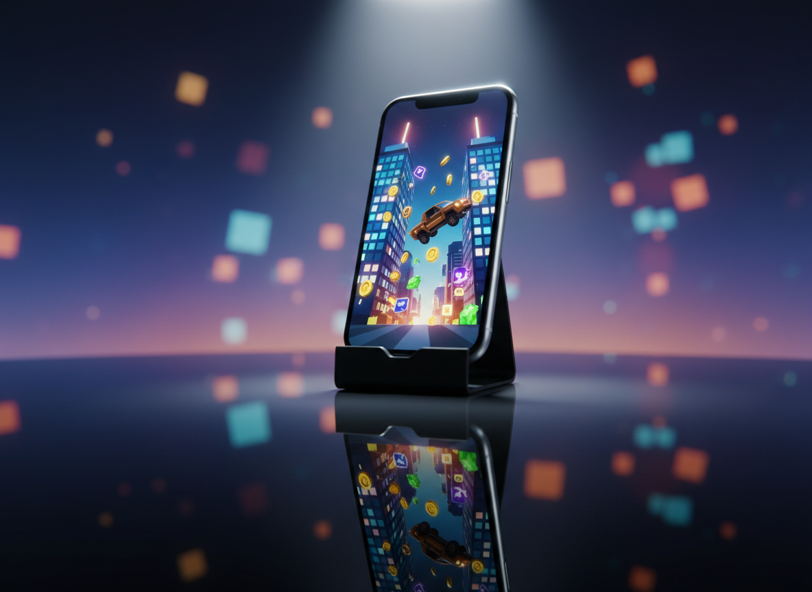 A dramatic close-up of a smartphone held upright in a simple, black acrylic stand on a reflective glass surface, displaying an intense in-game moment from Blox City: a blocky car mid-jump between towering pixel-like skyscrapers, coins and power-ups sparkling around it. The background is a dark, blurred gradient with softly glowing neon shapes reminiscent of digital blocks floating in the distance. A focused spotlight from above and slightly behind the phone creates a crisp rim light on its edges and vivid highlights on the glass, with reflections doubling the action scene. Photographic realism with a cinematic, low-angle composition, conveying a high-energy, adrenaline-filled atmosphere while keeping the design clean and modern.