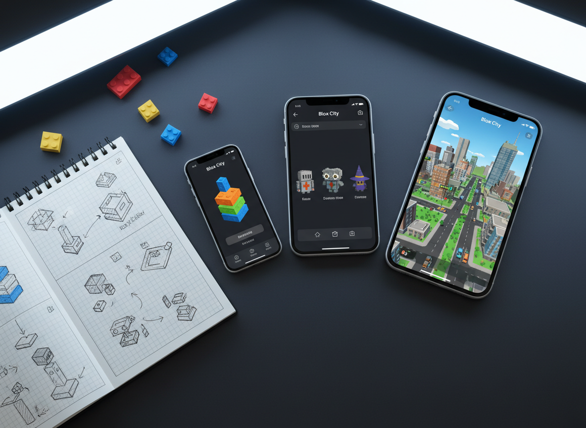A stylized, photoreal mobile testing setup on a matte charcoal desk: three smartphones in different sizes are arranged in a gentle arc, each running a different screen of the Blox City app—loading screen with animated blocks stacking, character selection with quirky block avatars, and a live gameplay cityscape. Beside them sits an open notebook filled with doodled block-level sketches and UX arrows, and a few colorful silicon cable ties shaped like tiny bricks. Cool, even LED panel lighting from above produces minimal shadows and crisp detail. Shot from a slightly elevated angle, sharp focus throughout, the composition feels organized yet playful, highlighting the polished SaaS craftsmanship behind the fun mobile game.